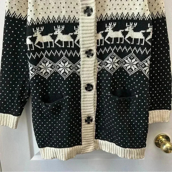 Hand Knit Cardigan Sweater Fair Isle Handmade Christmas Holiday Beige Black Smal - Picture 6 of 16